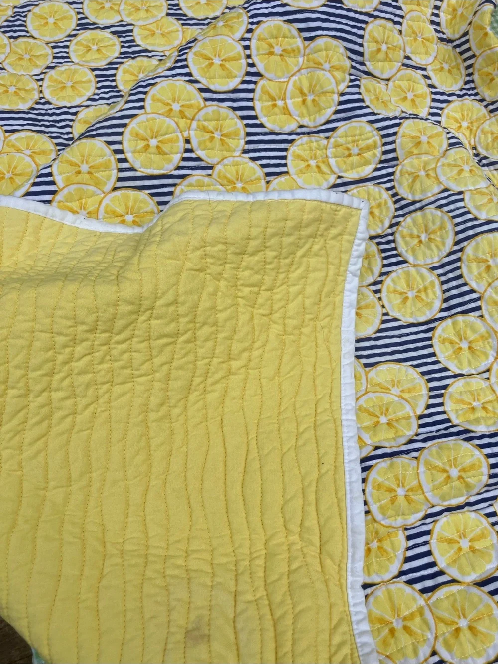 Lemon and stripes back or picnic blanket handmade quilt 38 x 30 sturdy thick